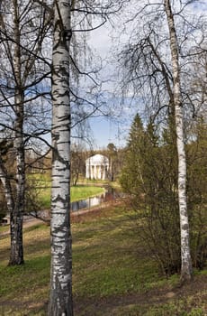 Classical rotunda view through birch trunks in early spring park