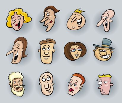 cartoon illustration of funny people faces set