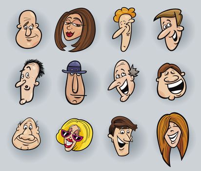 cartoon illustration of funny people faces set