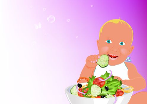 Child and fresh vegetable salad on a abstract pink background