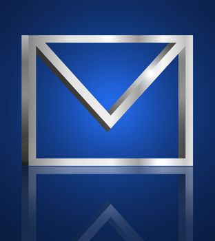 Illustration depicting a single metallic email symbol arranged over blue and reflecting into foreground,.