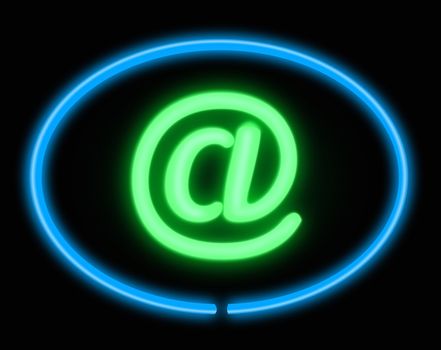 Illustration depicting an illuminated neon 'at' sign with black background.