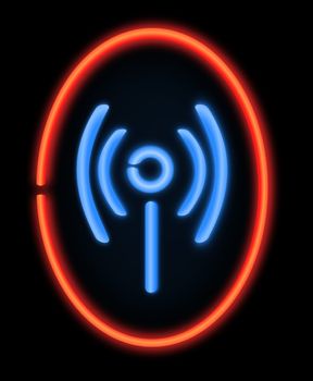 Illustration depicting a illuminated neon sign in the shape of a wireless symbol. Black background.