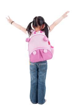 Full body rear view Asian child elementary student with schoolbag arms outstretched standing isolated on white background.