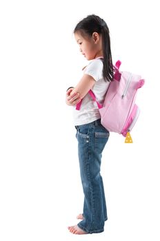 Full body side profile view Asian child elementary student with school bag standing isolated on white background.