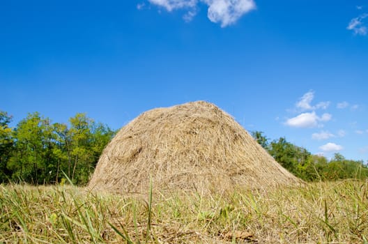 stack of straw under deep blue sky