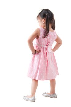Full body rear view Asian girl in pink dress standing on white background
