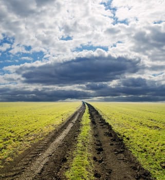 rural road in green field under dramatic sky