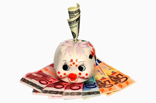 Piggy Bank with a hundred dollar bills in Slot against the euro