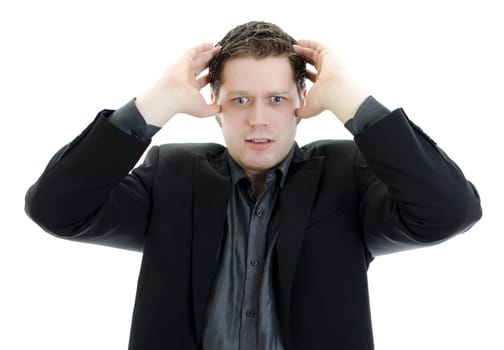 Portrait of a young business man looking depressed from work. Isolated over white background