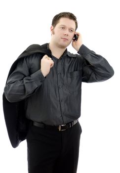 Portrait of a handsome young business man talking on mobile phone. Isolated on white background with copy space.