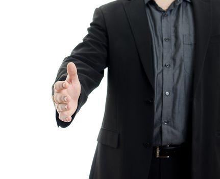 Body of businessman shaking hand, isolated on white background with copy space.