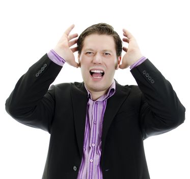 Portrait of a young Angry business man. Isolated over white background