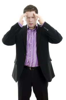 Portrait of a young business man looking depressed from work. Isolated over white background