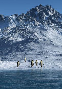 This image shows a summerday in the Antarctica with emperor penguins