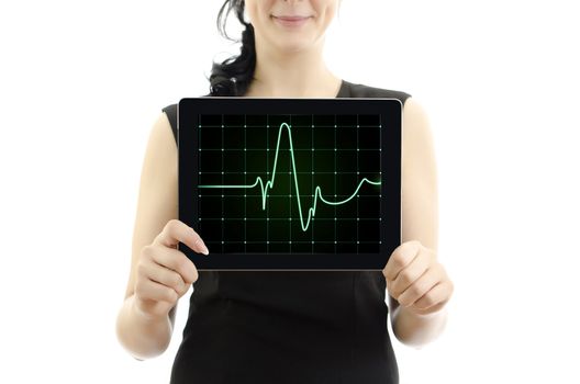 Woman holding tablet pc. Concept: cardiogram with heartbeat. isolated on white.