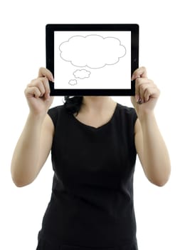 Woman holding tablet pc with cloud thinking concept. Isolated on white.