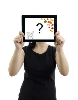 Woman holding tablet pc. Concept: What to buy in market? Isolated on white. Copyspace.