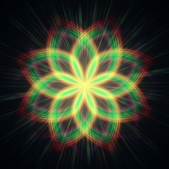 abstract shining flower, rainbow rays lights in circles over dark background