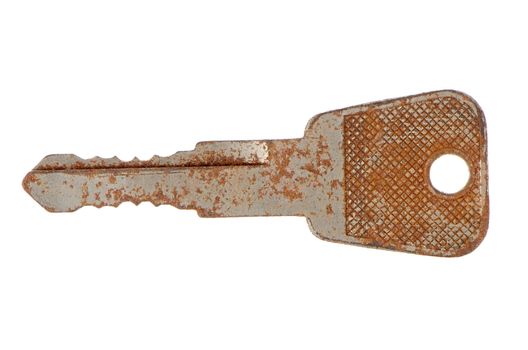 Old rusty key isolated on white background.