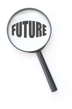 Magnifying glass focused on the word future