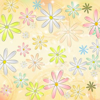 vintage background with multicolored daisy flowers and circles over beige old paper