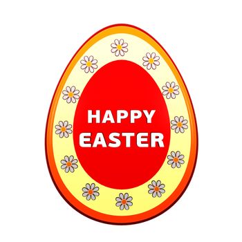 Happy Easter text over 3d easter egg with spring daisy flowers, holiday concept