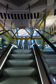 Escalator in interior of the bullring Arenas de Barcelona, Spain