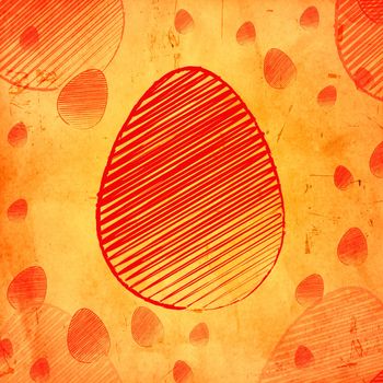 striped orange easter egg, vintage background over yellow old paper with eggs