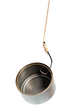 fish hook in empty tin can on white background