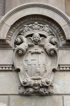 detailed old architecture facade heraldry of Barcelona, Spain