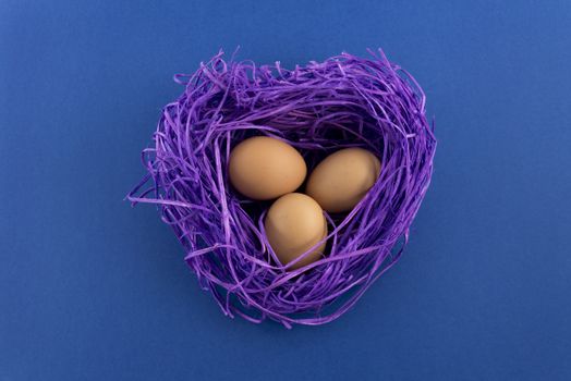 Heart shaped violet nest with eggs on blue background