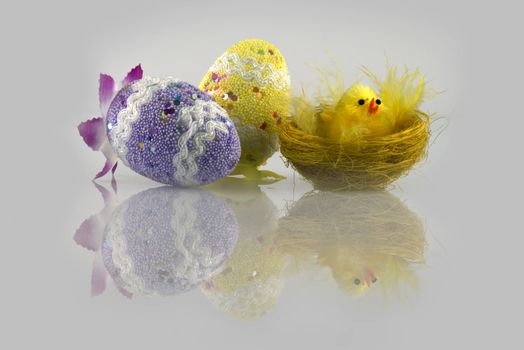 Easter chick in the nest and two eggs decorated in a light grey background