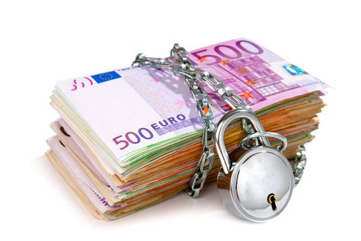 Big pile of euro bank notes chained up with padlock. Isolated on white
