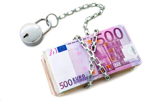 Pile of euro bank notes chained up with padlock. Isolated on white