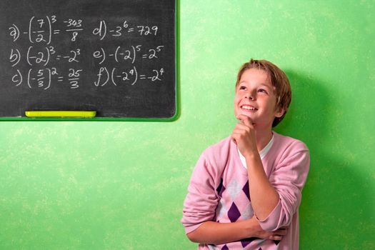 Young attractive boy standing in front of blackboard with wondering face expression.