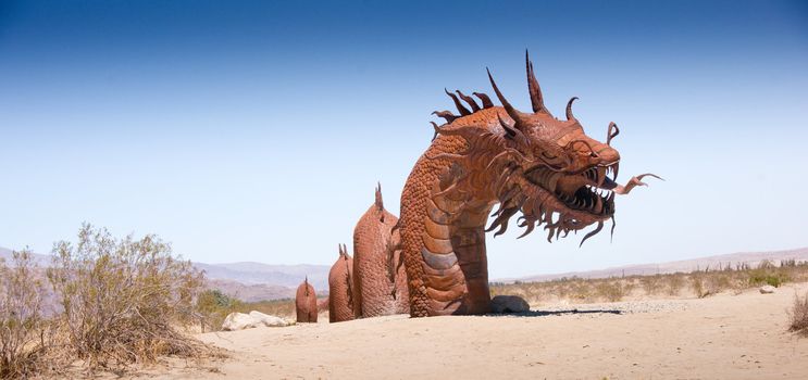 BORREGO SPRINGS – June 25, 2012: Artist Ricardo A. Breceda has added a 350-foot long Serpent sculpture to the collection of prehistoric animals on permanent display at Galetta Meadows.