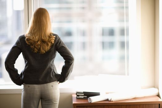 Rear view of woman looking out office window 
