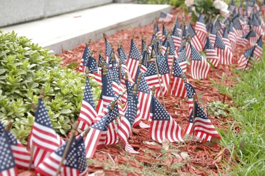 American flags in front of stone
