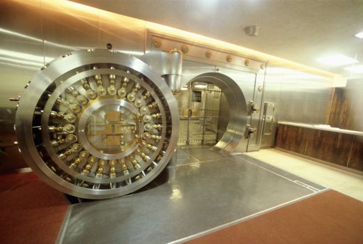 Bank vault door showing safety and strength of the facility