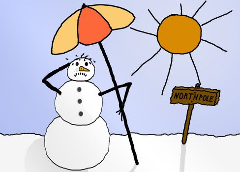 sweating, unhappy looking snowman carrying parasol