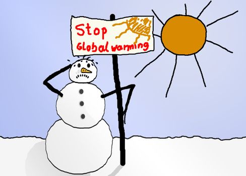 unhappy snowman carrying protest banner against global warming