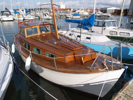 Traditional wooden sailboat in Assens Marina Denmark