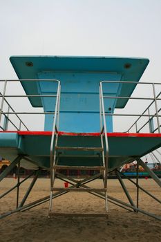 Close up of a closed lifeguard house.
