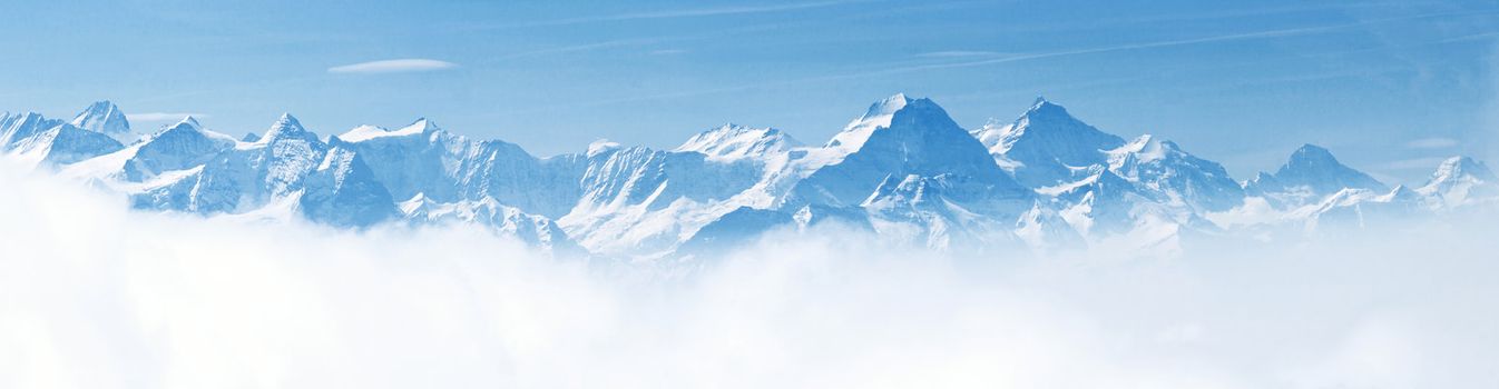 Panorama of Snow Mountain Landscape with Blue Sky from Pilatus Peaks Alps Lucern Switzerland