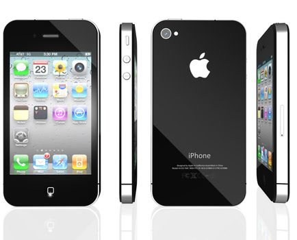 Front, back and side  view photo of a black iPhone 4th generation isolated on a white background on a reflective surface.