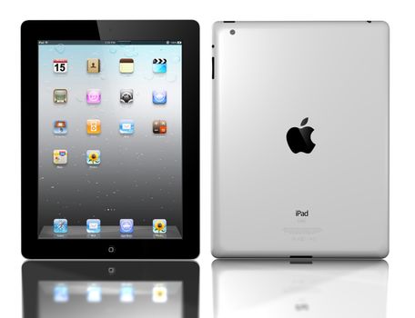 The iPad2, the digital tablet with multi touch screen. iPad is owned by company Apple Inc. Side view of showing its white screen and isolated on a white background shot on a reflective surface.