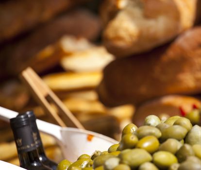 Olives and bread in a Street market