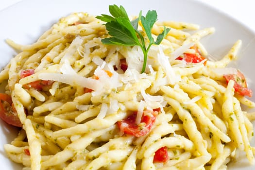 Trofie, delicious Italian pasta on dish