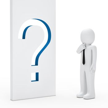 Businessman stand for a question mark wall